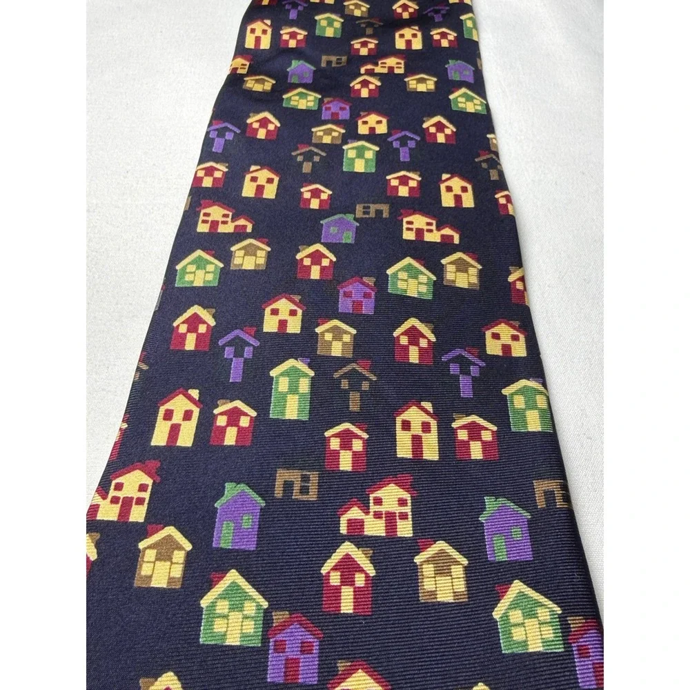 Habitat for Humanity Silk Necktie Navy Blue Houses Novelty Print Men's Accessory